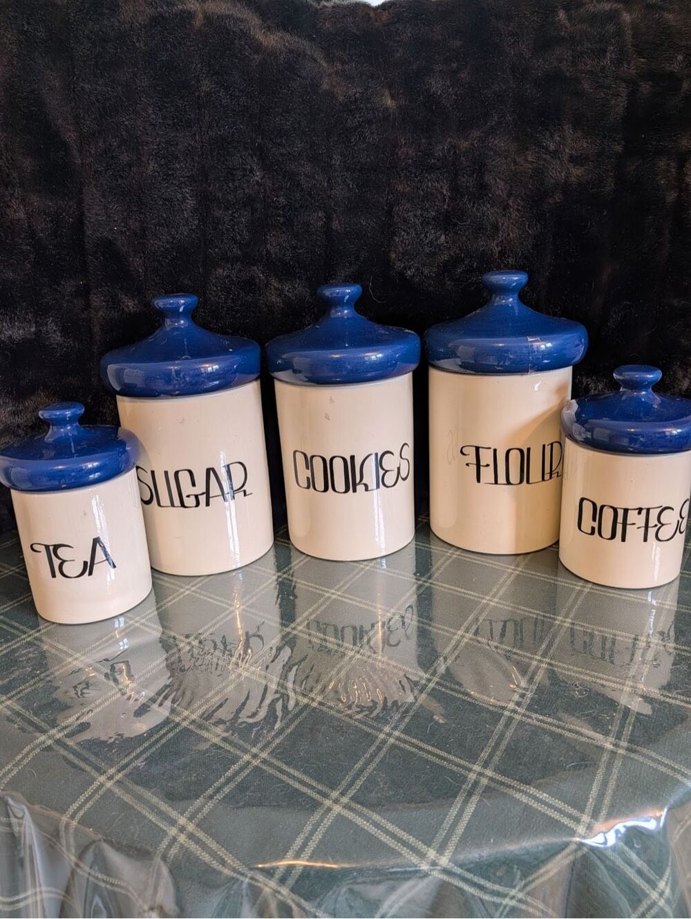 Vintage Set of 5 Ceramic Canisters Holiday Designs mushroom Lids MCM COOKIES